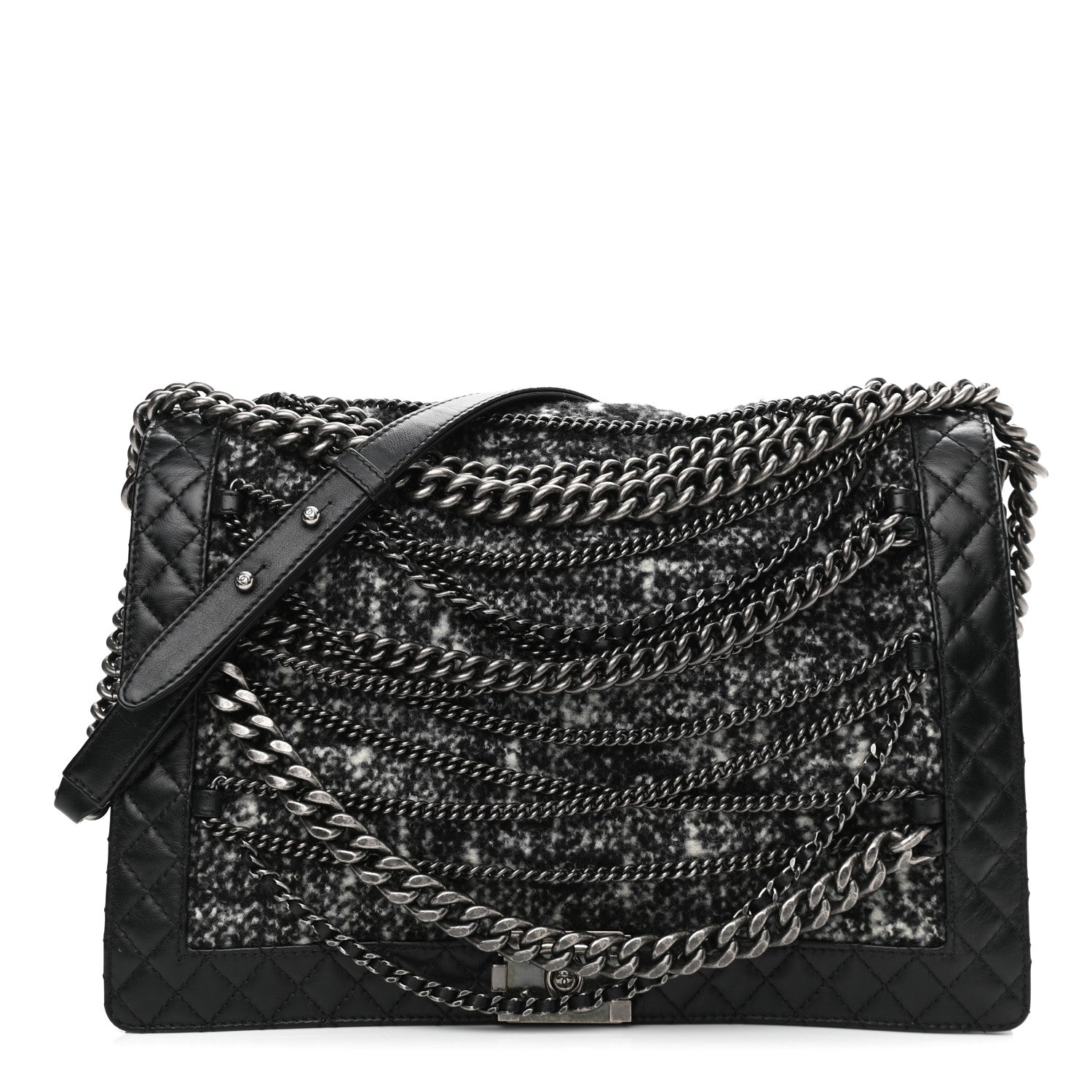 Chanel Calfskin Tweed Enchained XL Boy Flap Black 1 of 10
