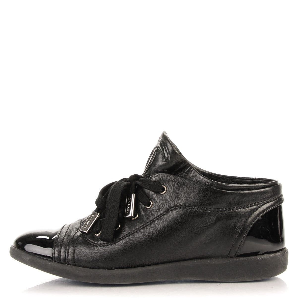 Chanel Lambskin Patent Cap Toe CC Sneakers 34.5 Black 1 of 10