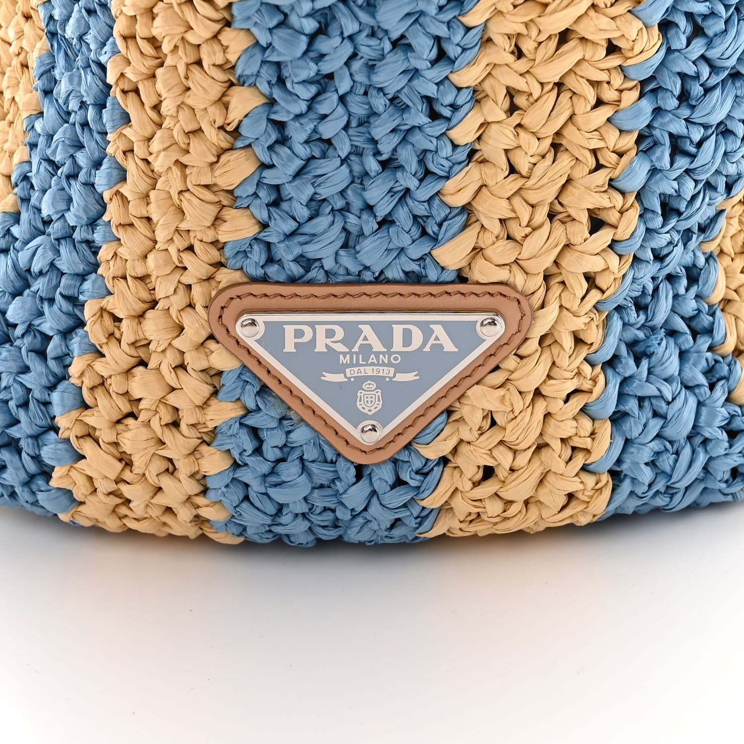 Prada Yarn Raffia Effect Crochet Striped Large Logo Tote Naturale Celeste 7 of 10