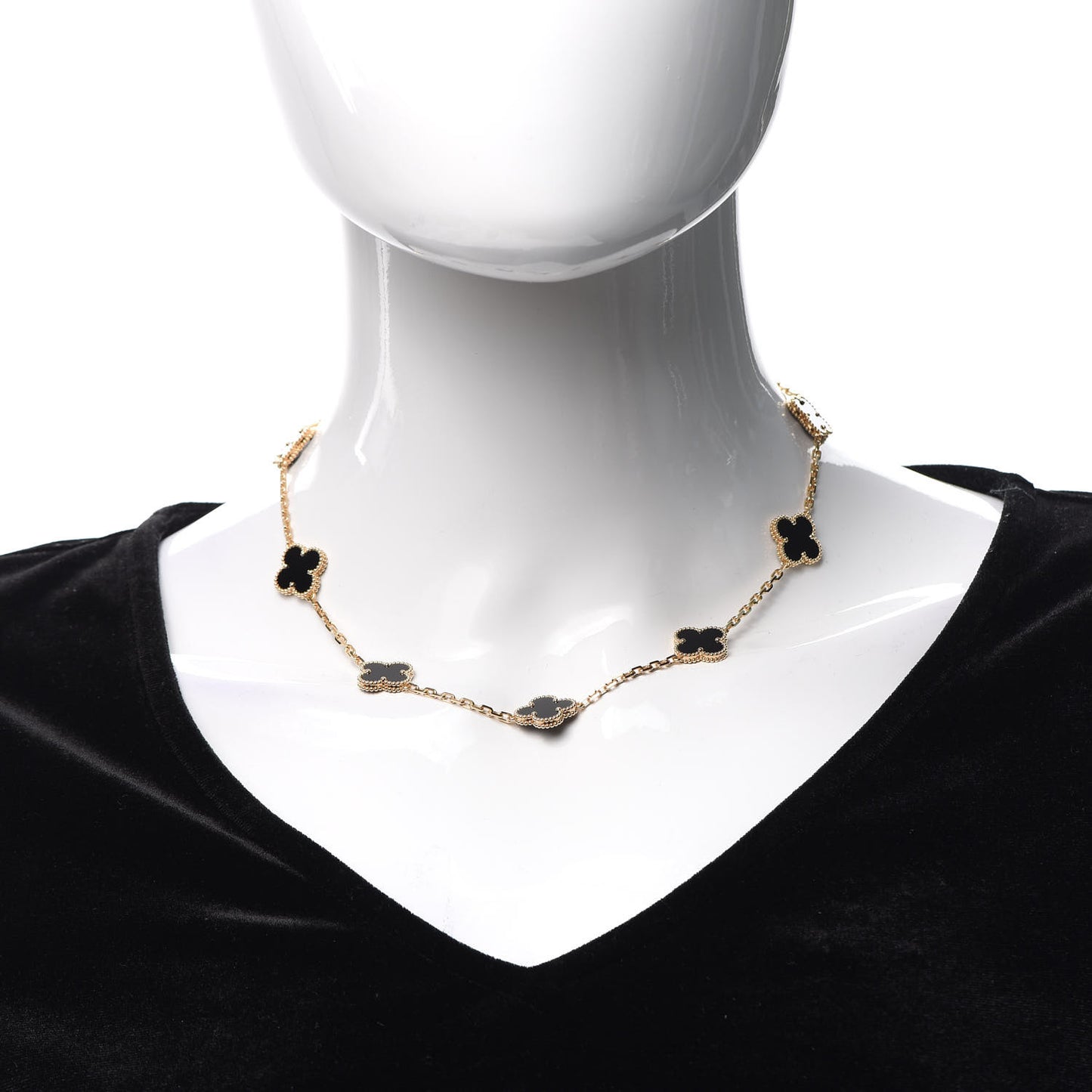 18K Yellow Gold Black Onyx 10 Motifs Vintage Alhambra Necklace