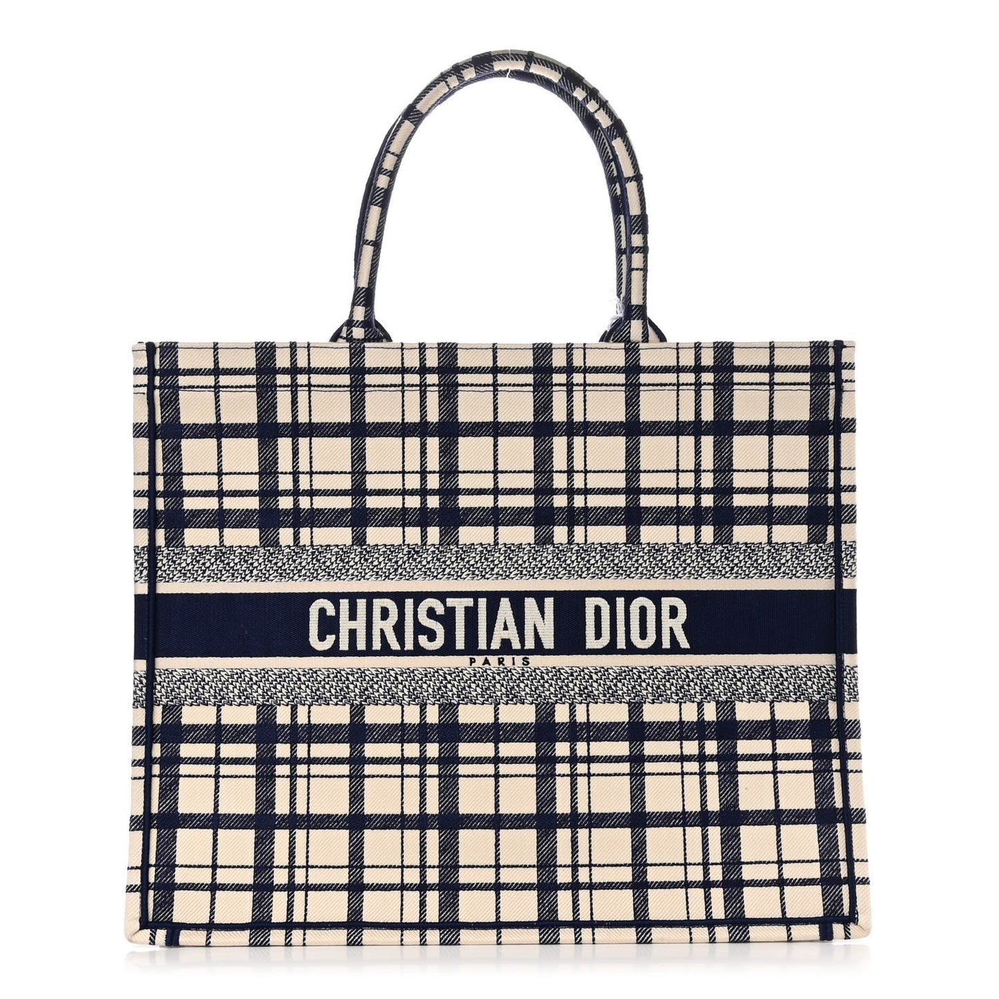 Canvas Embroidered Large Plaid Book Tote Navy