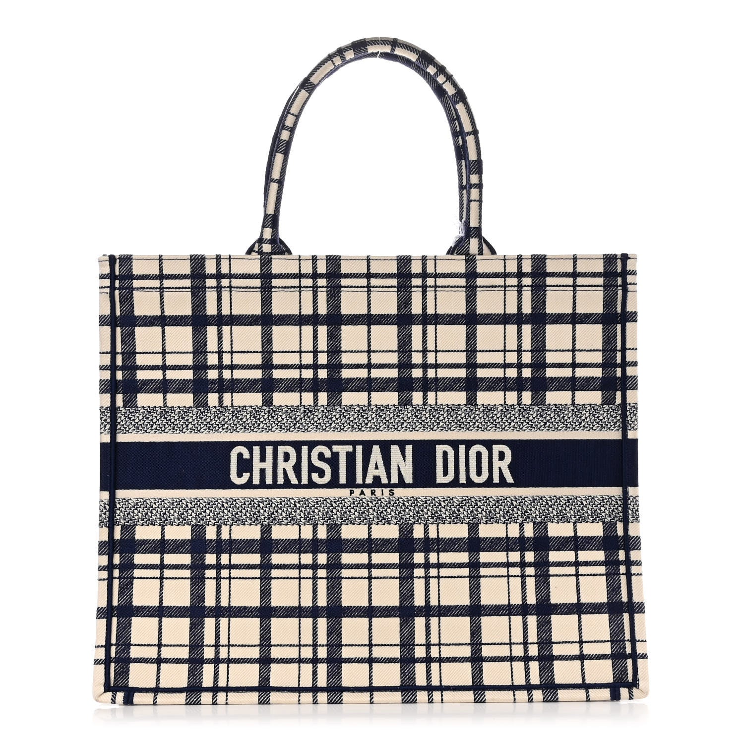Christian Dior Canvas Embroidered Large Plaid Book Tote Navy 1 of 10