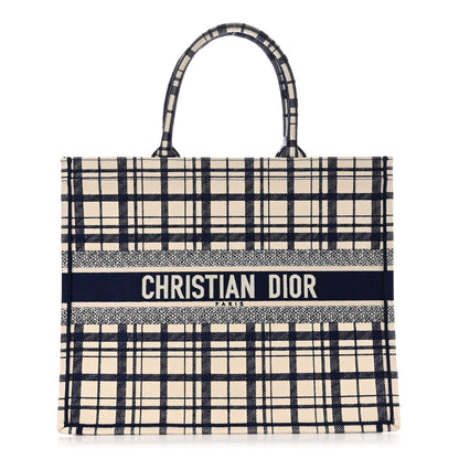 Christian Dior Canvas Embroidered Large Plaid Book Tote Navy 1 of 10