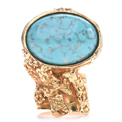 Saint Laurent Glass Cabochon Arty Ovale Ring 6 Gold Turquoise 1 of 4