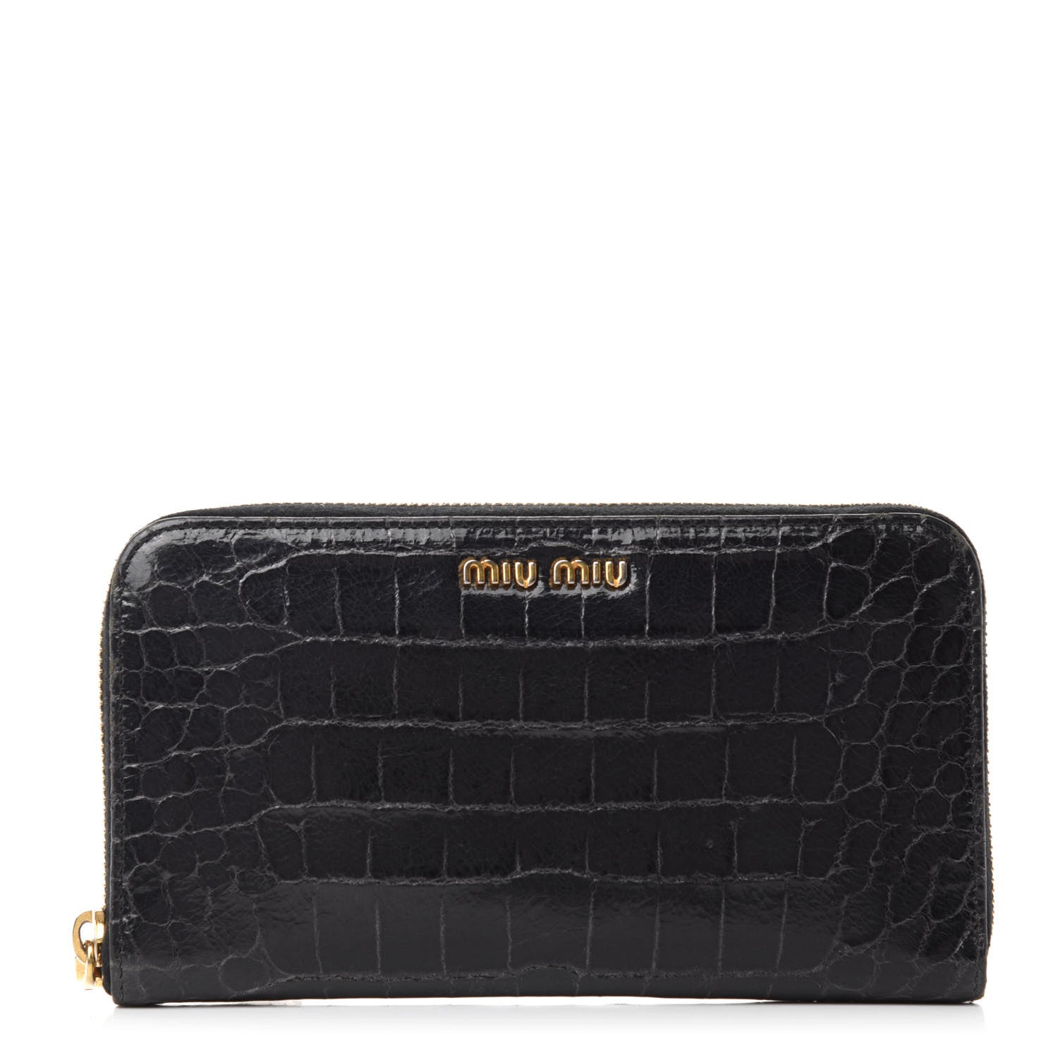 Miu Miu Vernice Crocodile Embossed Calfskin Zip Around Wallet Black 1 of 9