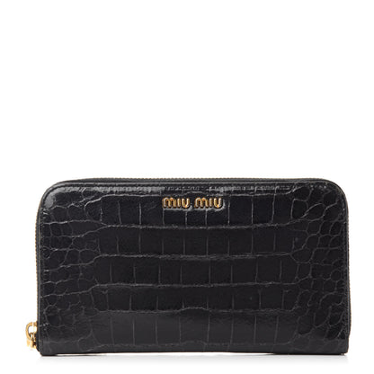 Miu Miu Vernice Crocodile Embossed Calfskin Zip Around Wallet Black 1 of 9