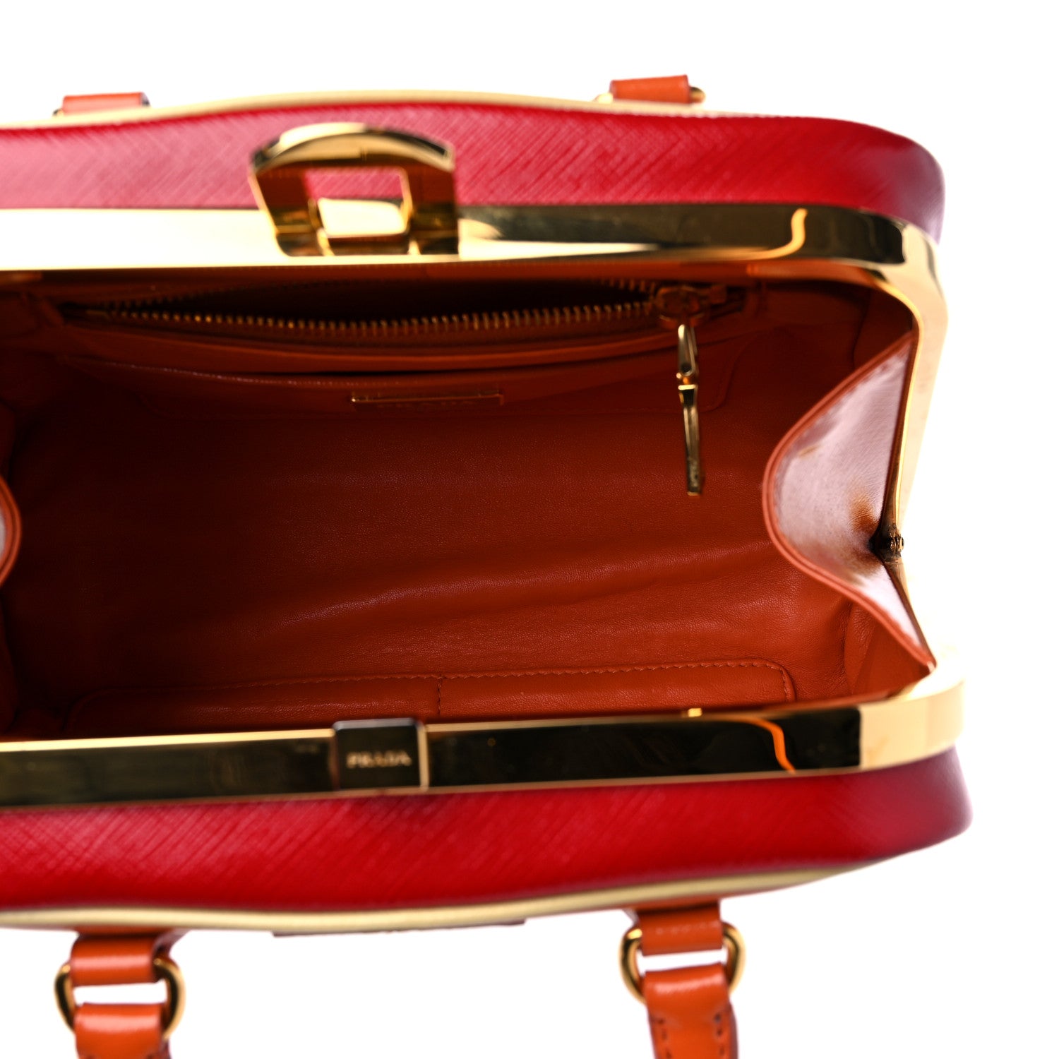 Prada Saffiano Vernice Frame Top Bag Papaya Rosso White 5 of 13