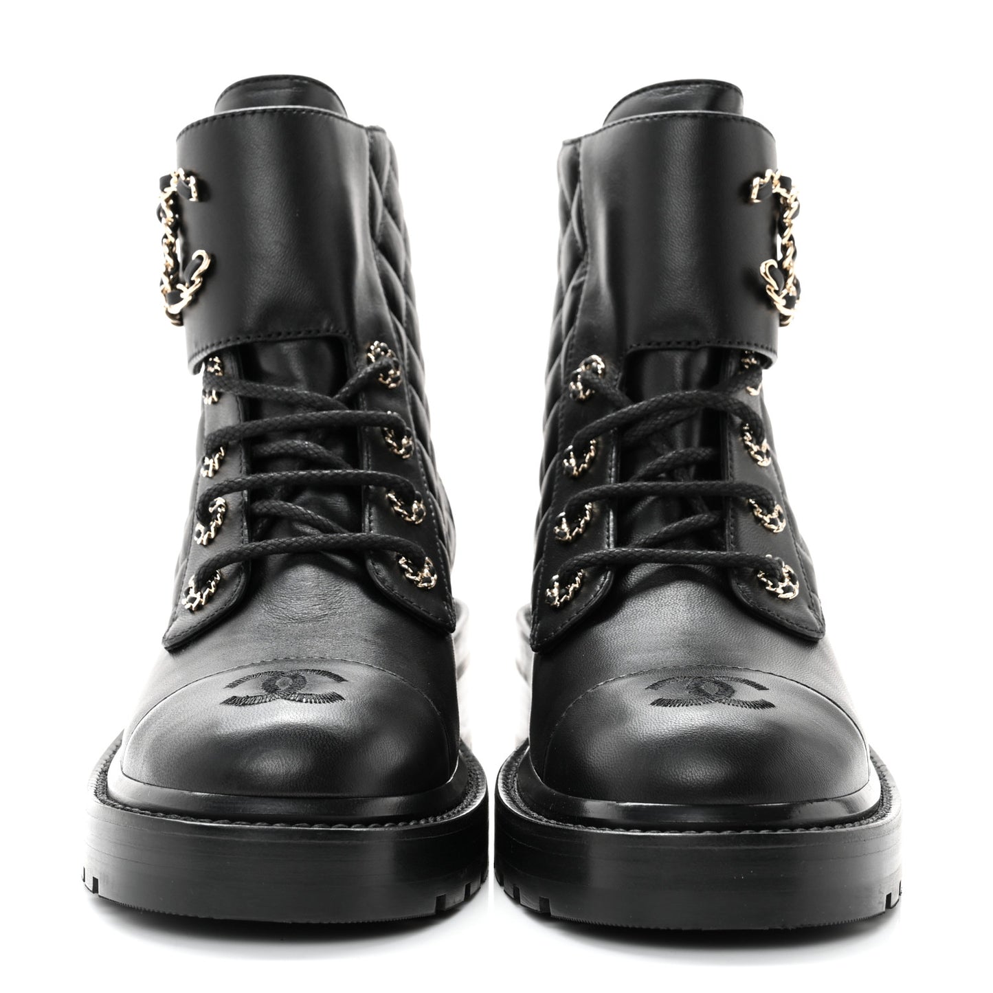 Shiny Lambskin Quilted Lace Up Combat Boots 38 Black