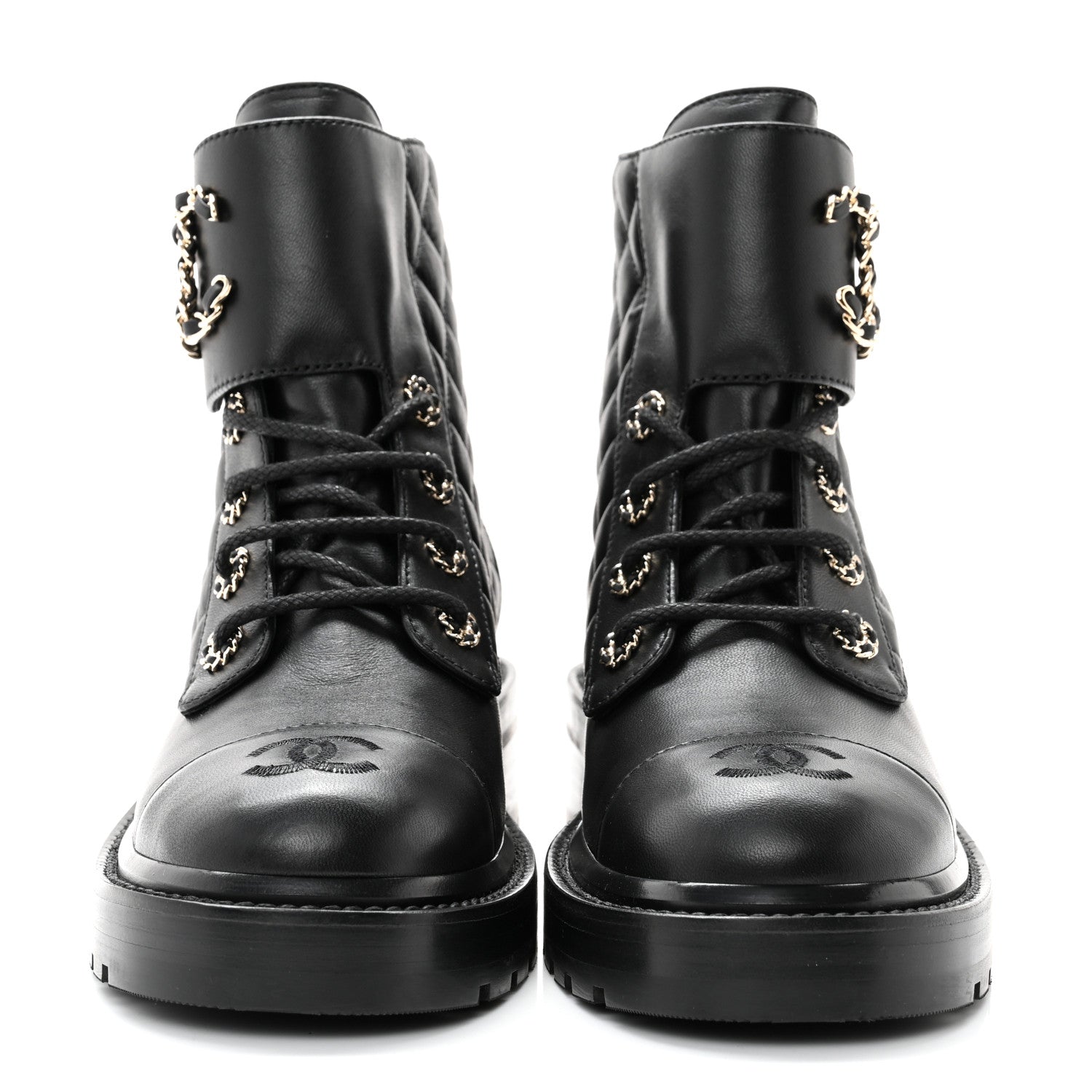 Chanel Shiny Lambskin Quilted Lace Up Combat Boots 38 Black 2 of 10