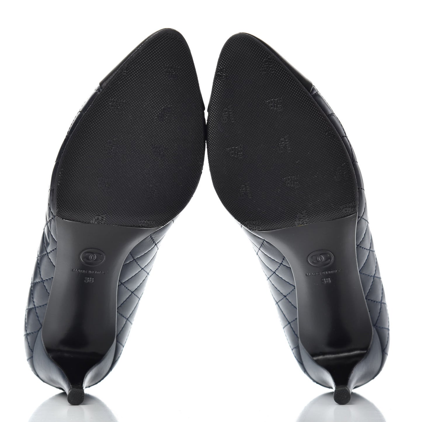 Calfskin Quilted Cap Toe Camellia Pumps 38 Navy Black
