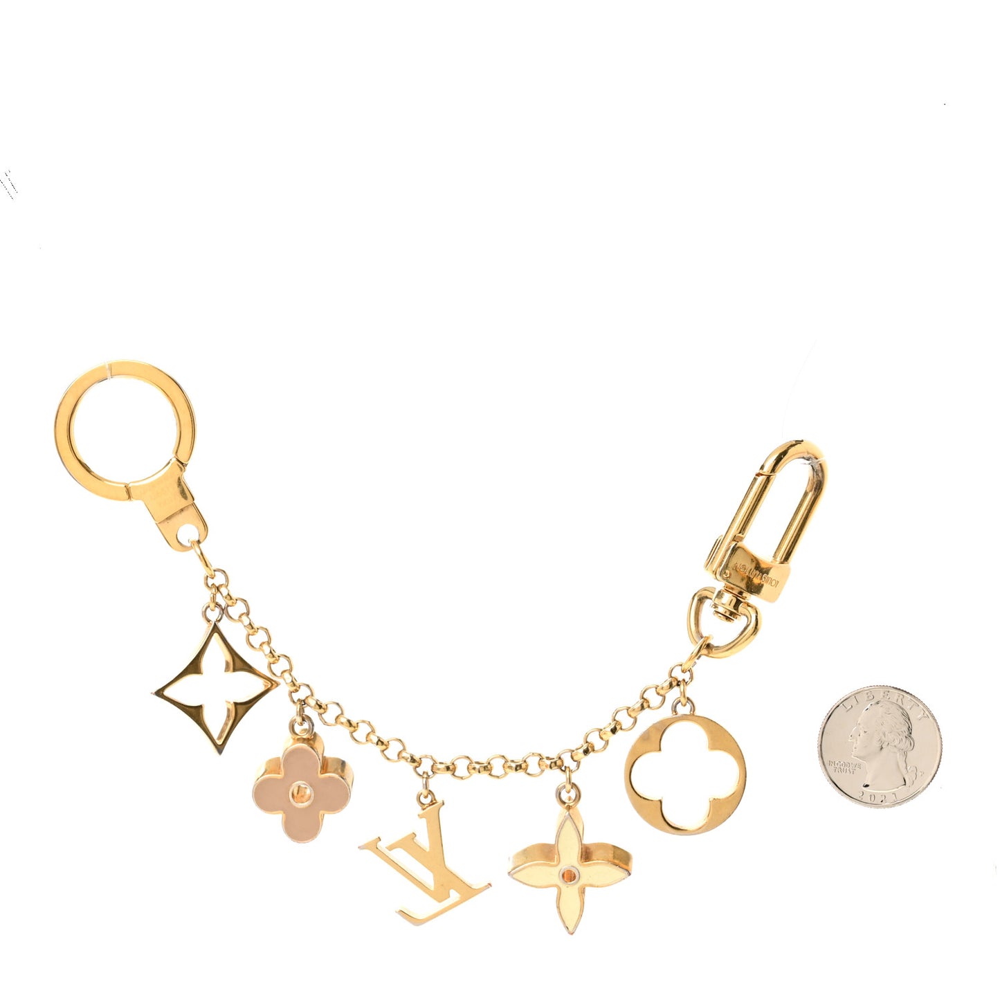 Brass Enamel Fleur De Monogram Bag Charm Chain Gold
