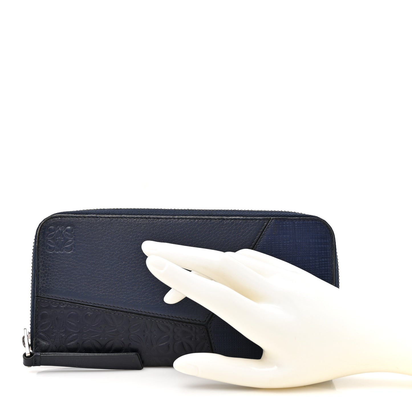 Calfskin Embossed Repeat Puzzle Zip Around Wallet Blue