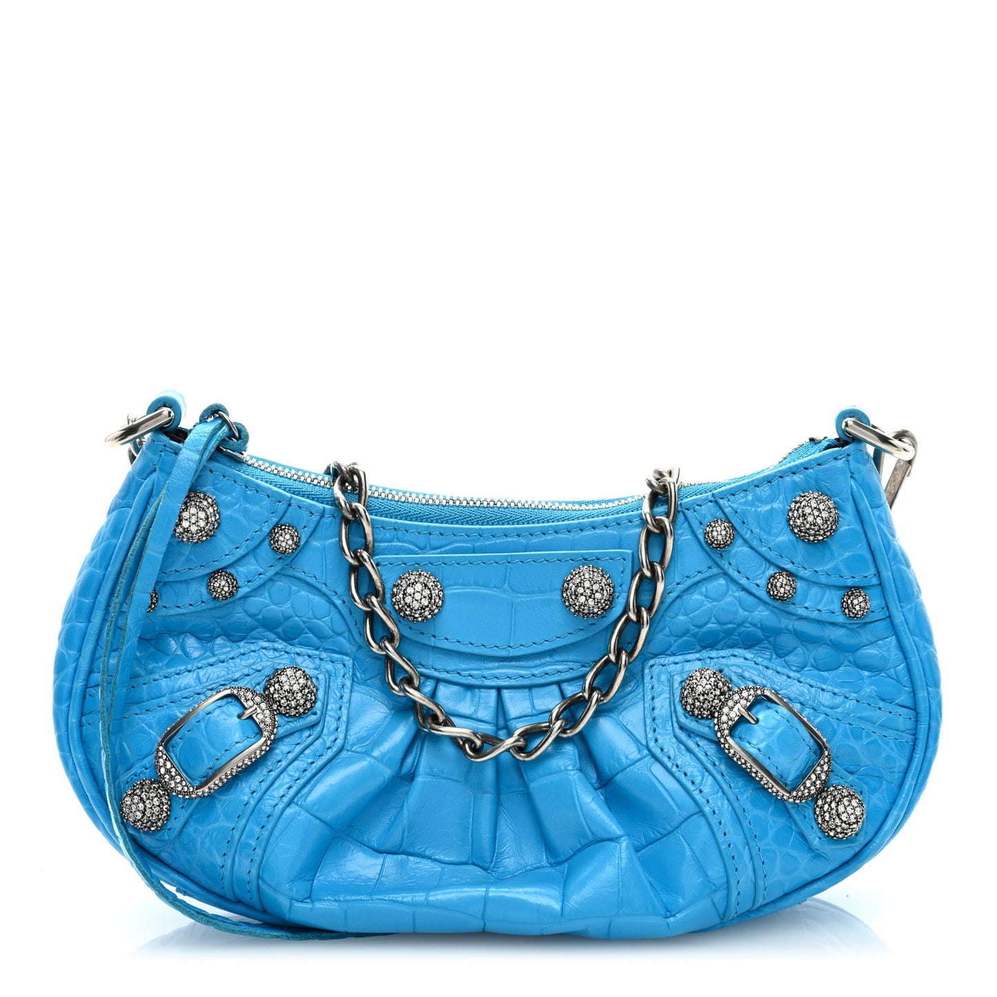 Extra Supple Calfskin Crocodile Embossed Crystal Mini Le Cagole Purse With Chain Cyan