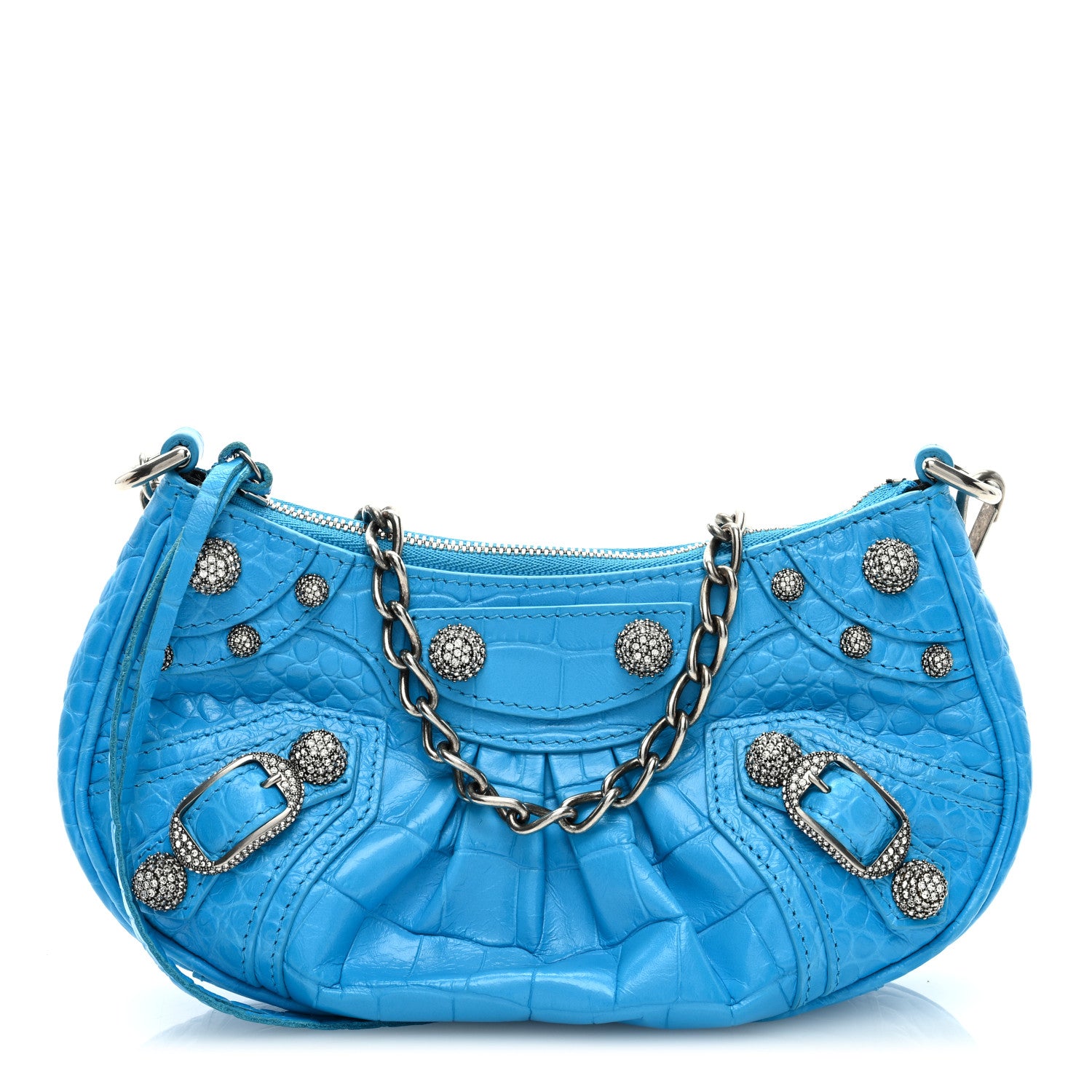 Balenciaga Extra Supple Calfskin Crocodile Embossed Crystal Mini Le Cagole Purse With Chain Cyan 1 of 7