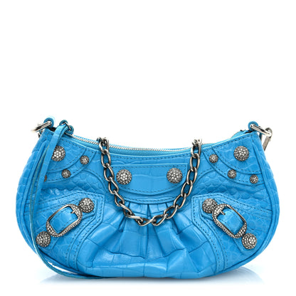 Balenciaga Extra Supple Calfskin Crocodile Embossed Crystal Mini Le Cagole Purse With Chain Cyan 1 of 7