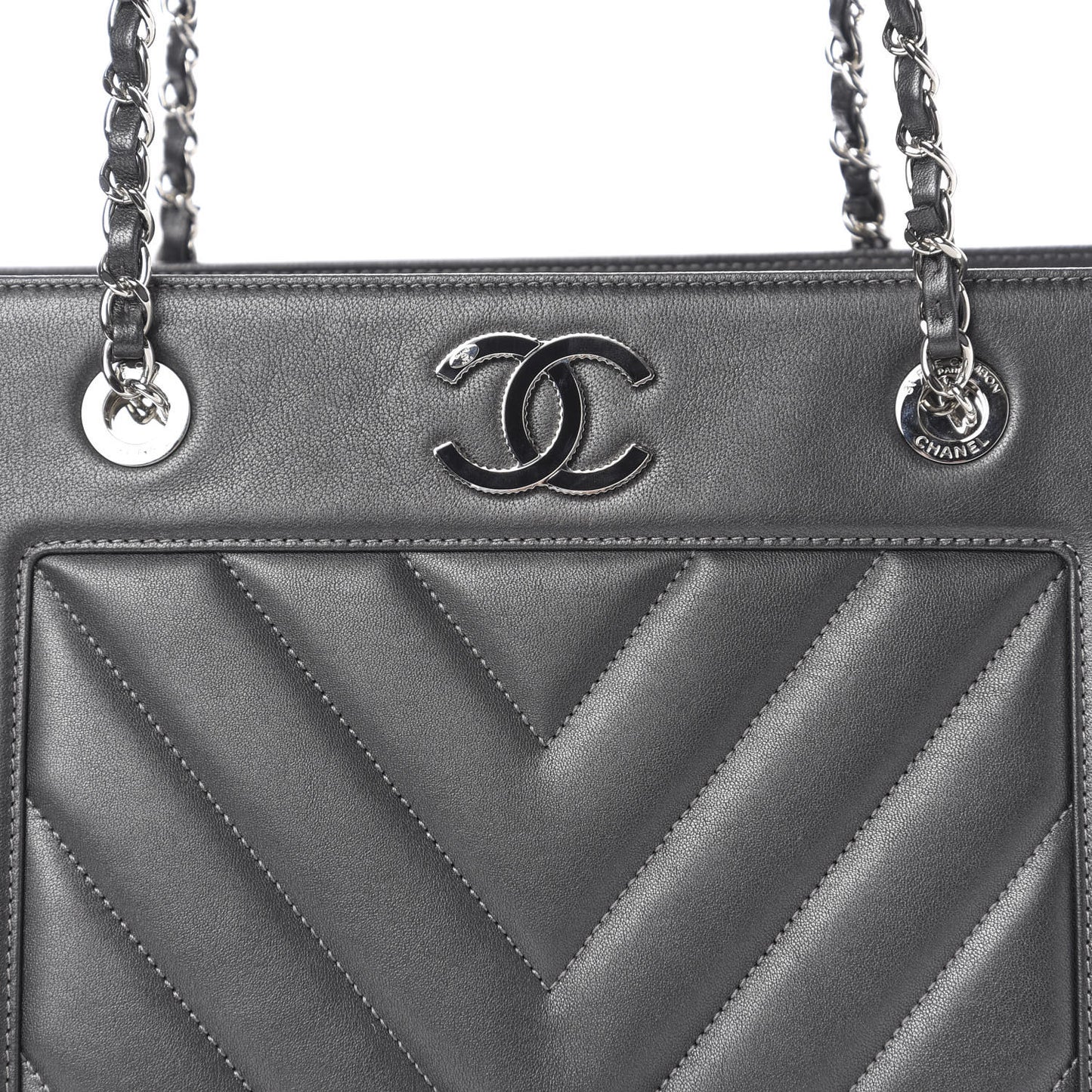 Sheepskin Chevron Quilted Mademoiselle Vintage Shopping Tote Dark Grey