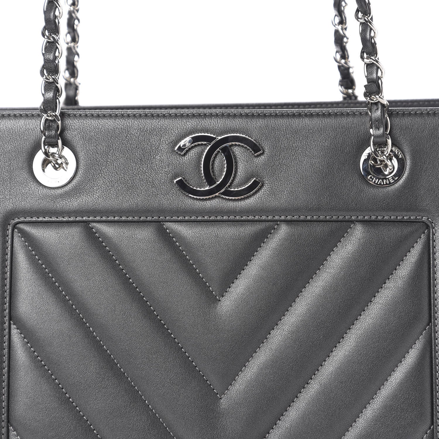 Chanel Sheepskin Chevron Quilted Mademoiselle Vintage Shopping Tote Dark Grey 10 of 11