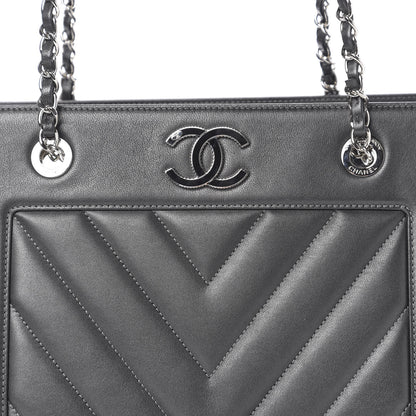 Chanel Sheepskin Chevron Quilted Mademoiselle Vintage Shopping Tote Dark Grey 10 of 11