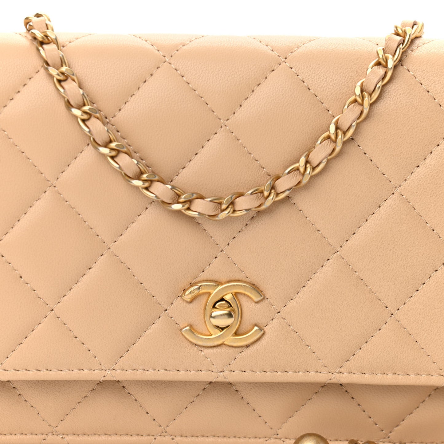 Lambskin Quilted CC Pearl Crush Wallet on Chain WOC Beige