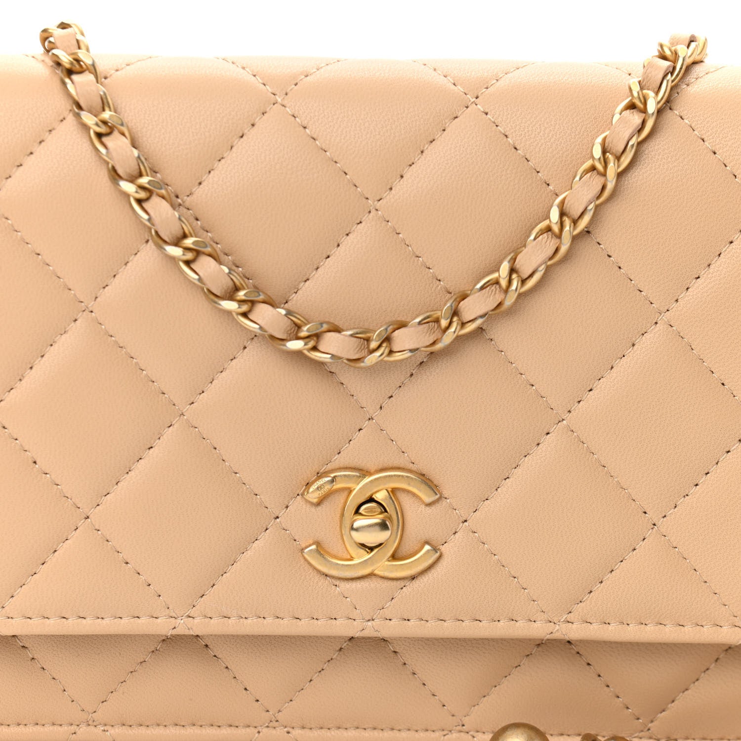 Chanel Lambskin Quilted CC Pearl Crush Wallet on Chain WOC Beige 8 of 11
