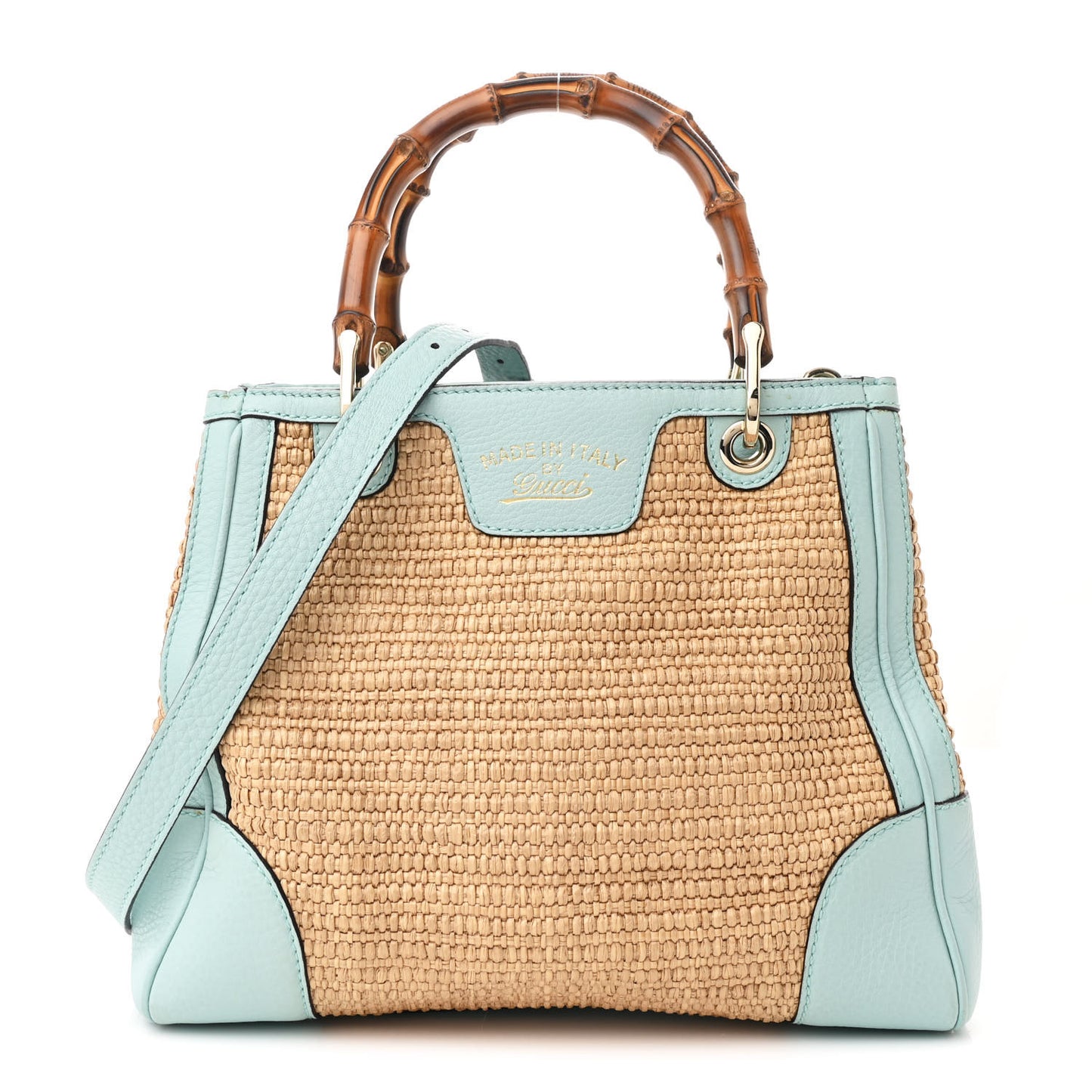 Raffia Calfskin Small Bamboo Shopper Tote Blue