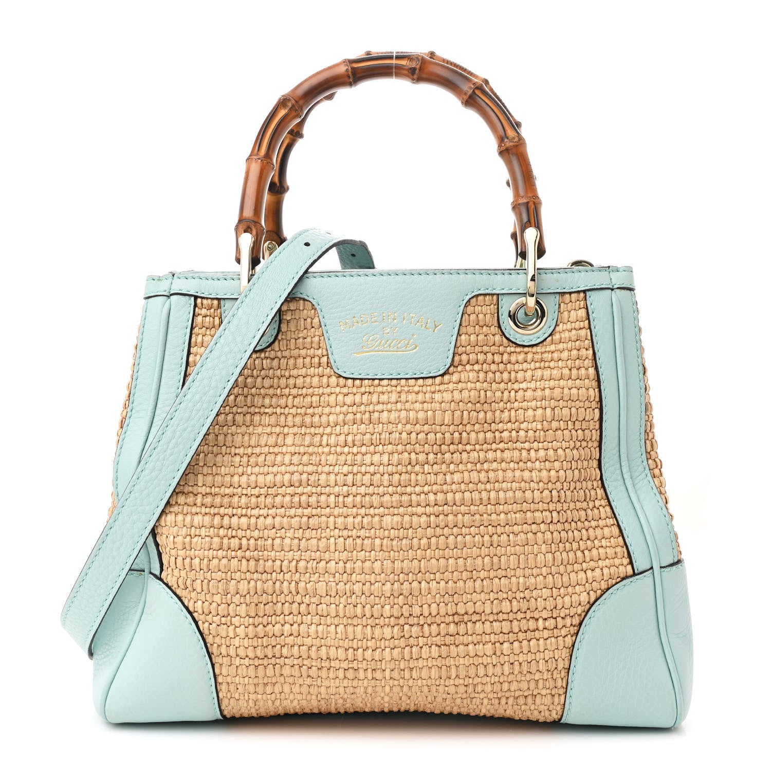 Gucci Raffia Calfskin Small Bamboo Shopper Tote Blue 1 of 11