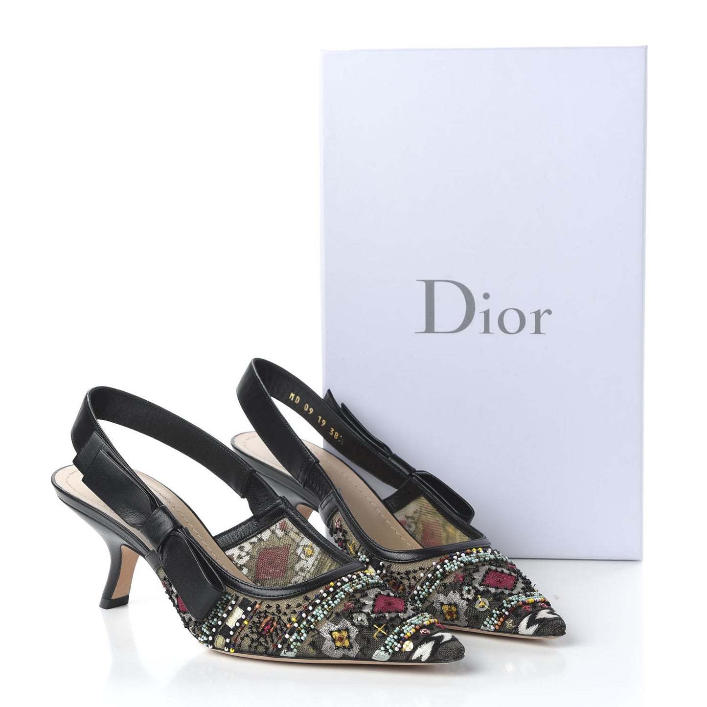 Embroidered Calfskin Beaded Sweet D Sling-Back Pumps 38.5 Black Turquoise
