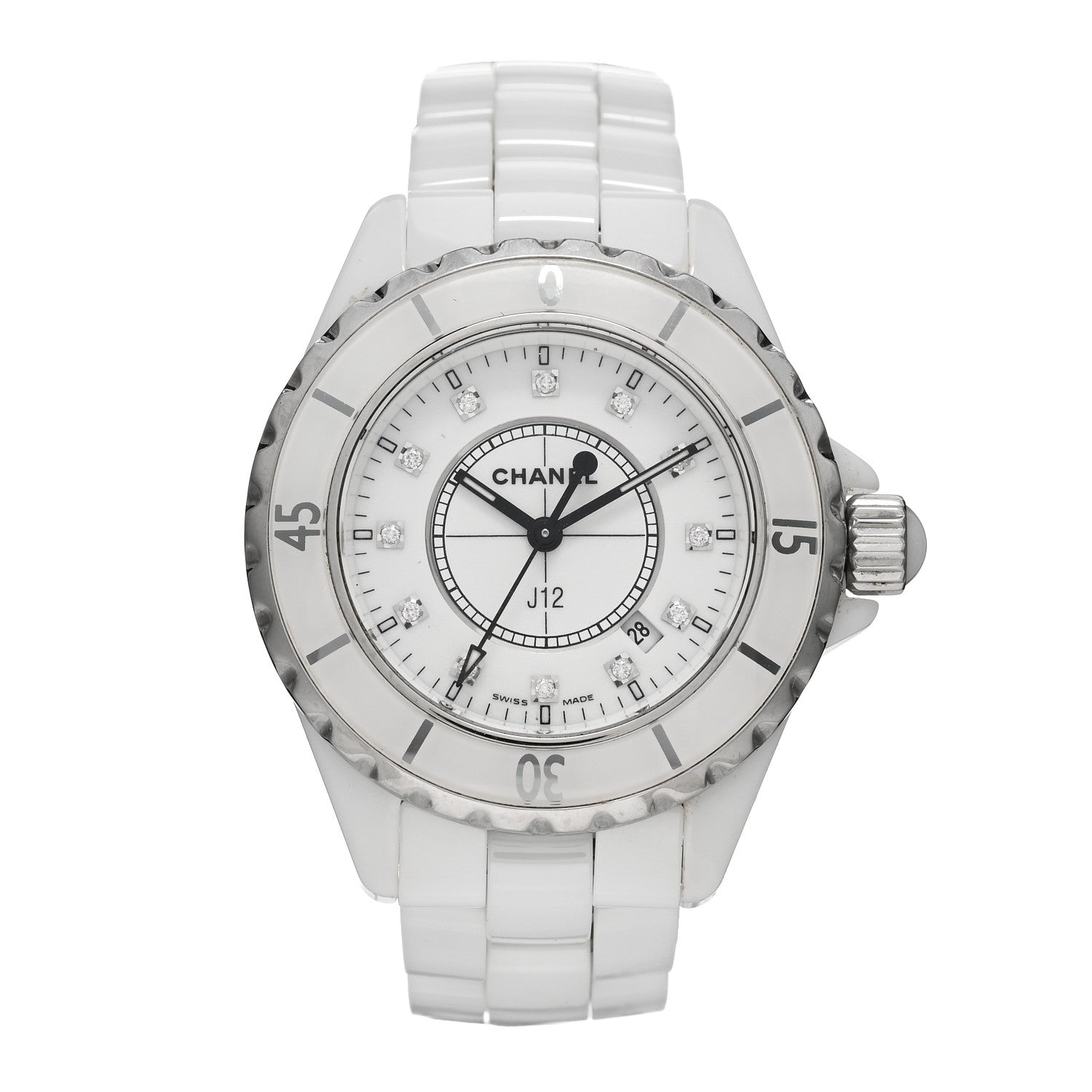 Chanel Stainless Steel Ceramic Diamond 33mm J12 Quartz Watch White 1 of 4