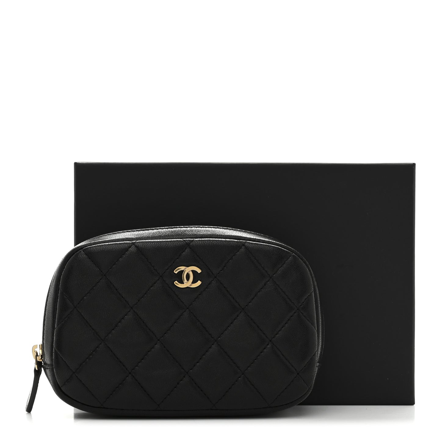 Lambskin Quilted Small Curvy Pouch Cosmetic Case Black