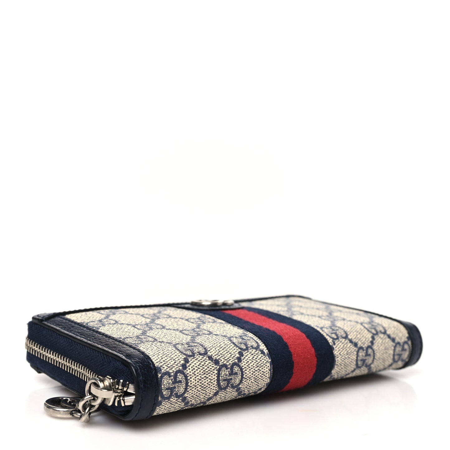 GG Supreme Monogram Textured Dollar Calfskin Web Ophidia Zip Around Wallet Beige Blue