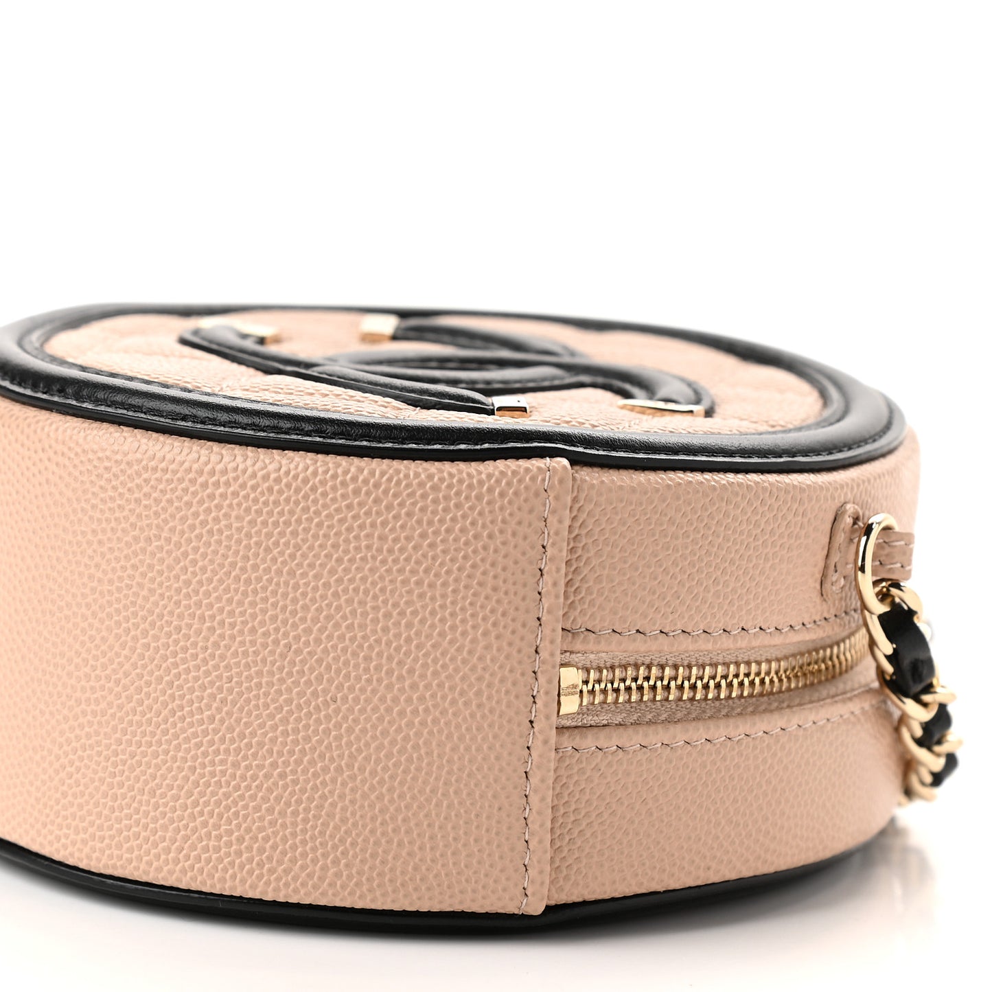 Caviar Quilted Round Filigree Crossbody Beige Black