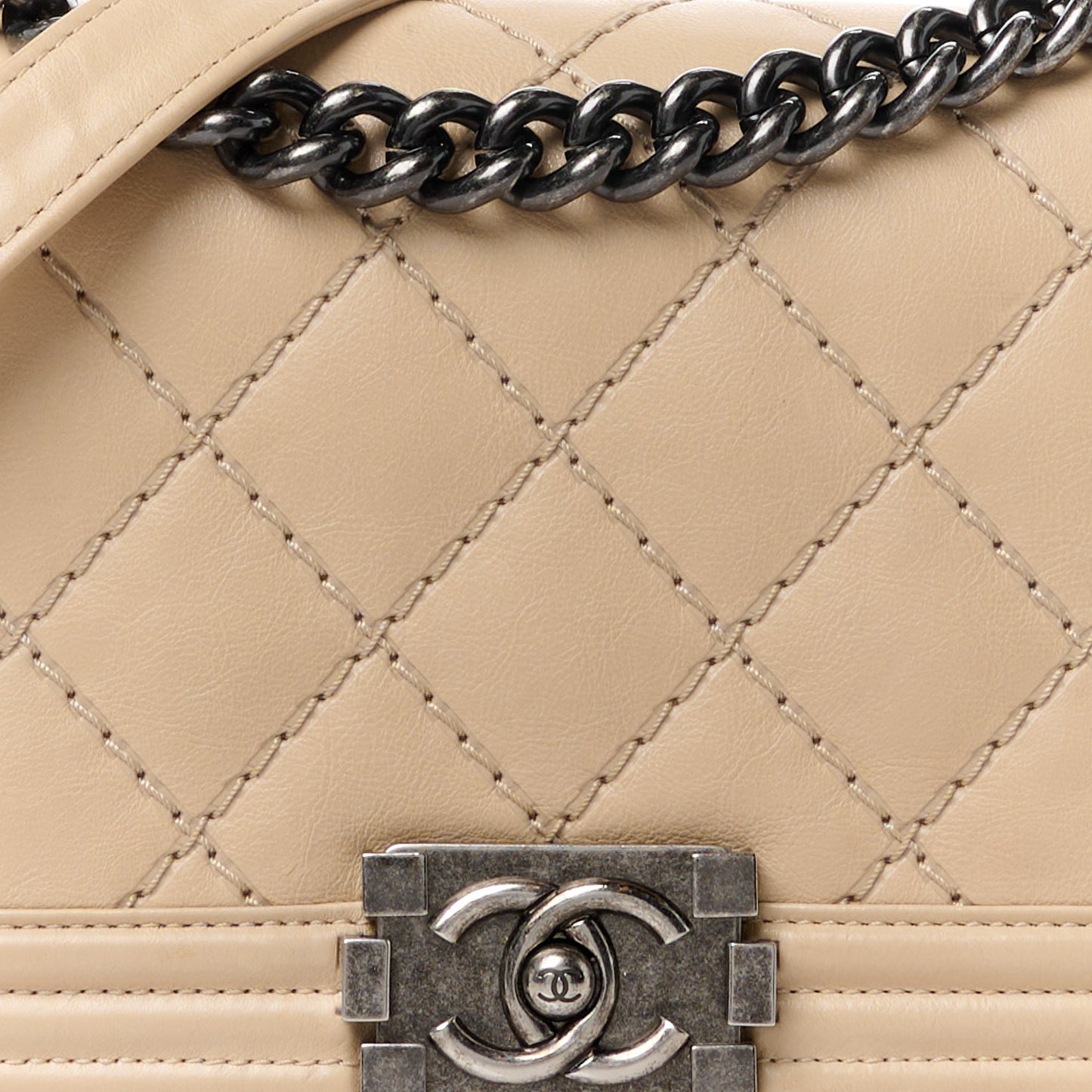 Calfskin Quilted Double Stitch Medium Boy Flap Beige