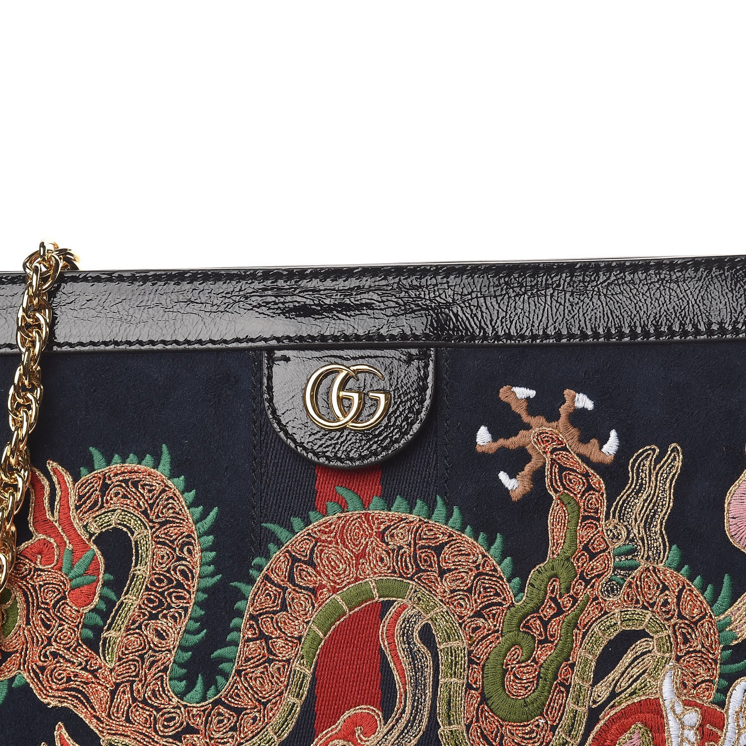 Gucci Suede Patent Web Dragon Embroidered Medium Ophidia Chain Shoulder Bag Blue Multicolor Black 10 of 10
