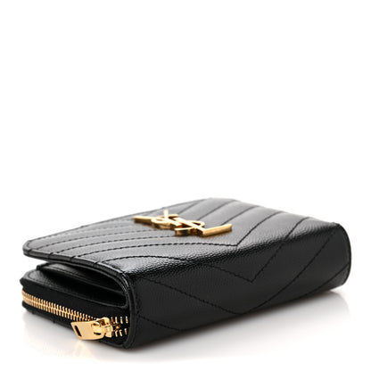 Saint Laurent Grain De Poudre Matelasse Chevron Monogram Compact Zip Around Wallet Black 4 of 9