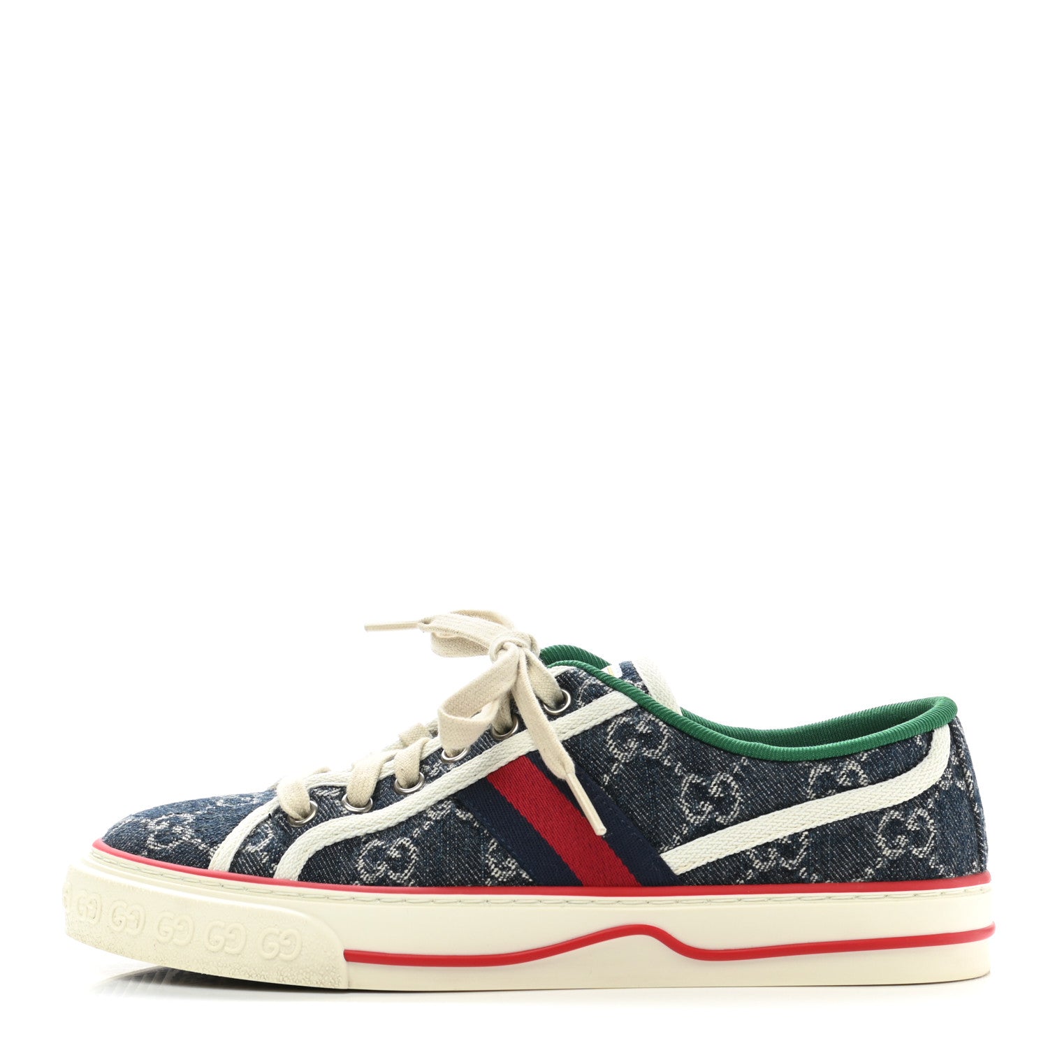 Gucci New Denim GG Monogram Web Womens 1977 Tennis Sneakers 37 Blue Tea Mystic White 1 of 9