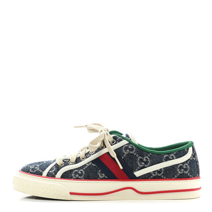 Gucci New Denim GG Monogram Web Womens 1977 Tennis Sneakers 37 Blue Tea Mystic White 1 of 9