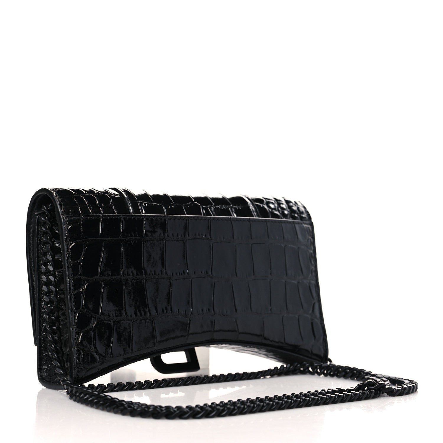 Balenciaga Shiny Calfskin Monochrome Crocodile Embossed Hourglass Chain Bag Black 3 of 8