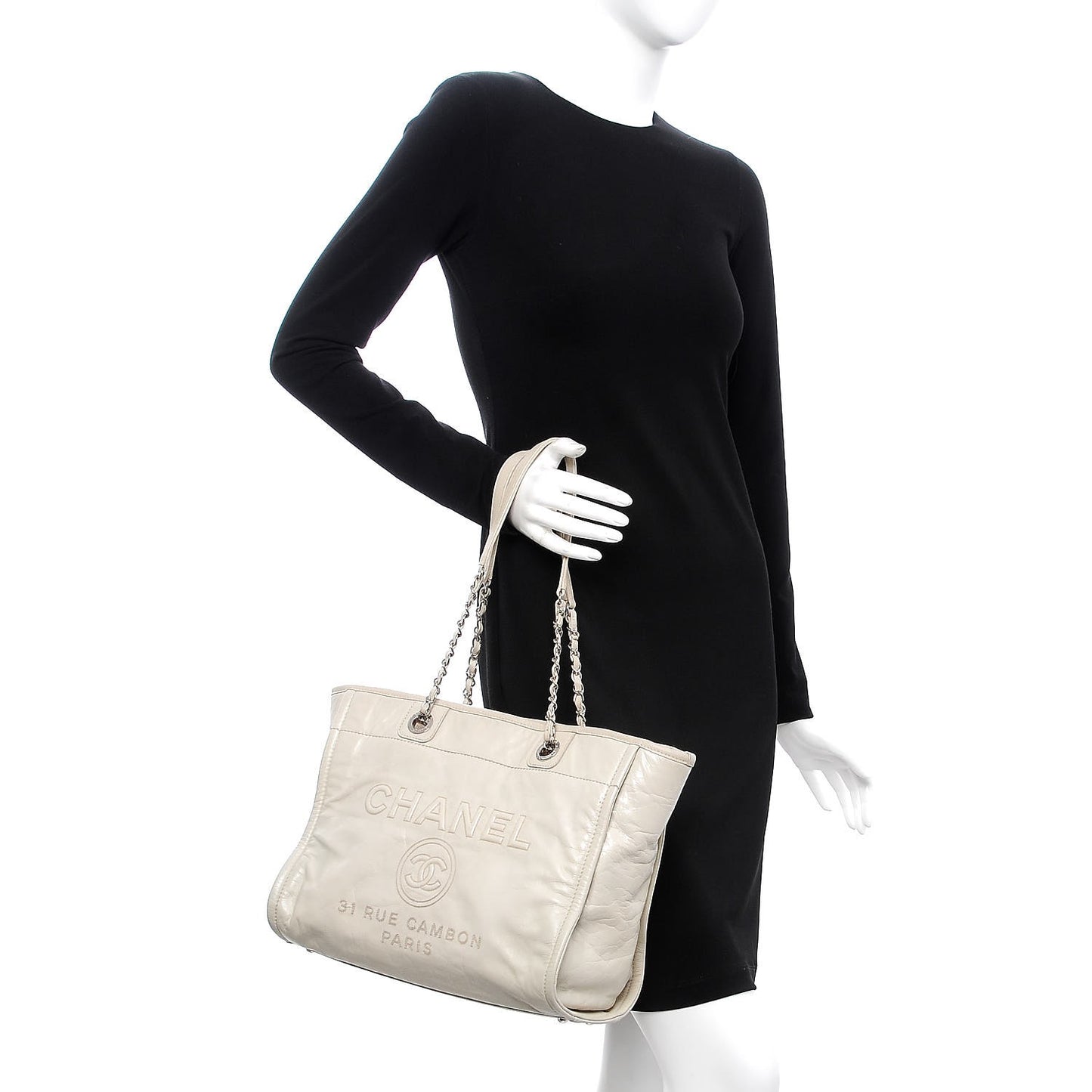Glazed Calfskin Small Deauville Tote Ivory