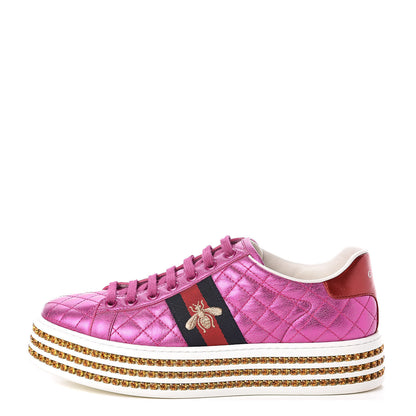 Gucci Laminated Nappa Crystal Web Bee Embroidered Trapuntata Womens Ace Platform Sneakers 38 Fuxia 1 of 10