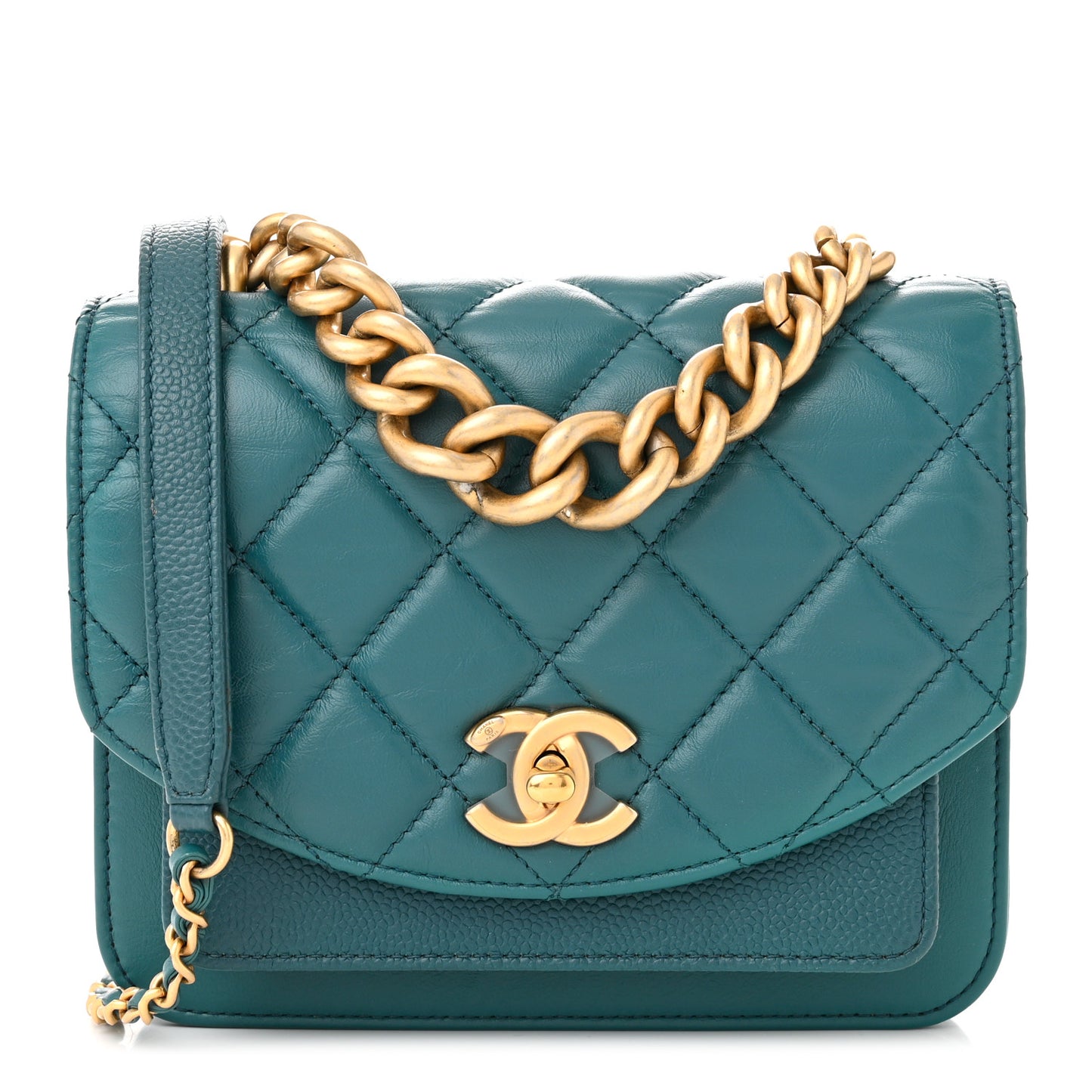 Calfskin Caviar Quilted Mini Chain Handle Flap Dark Turquoise