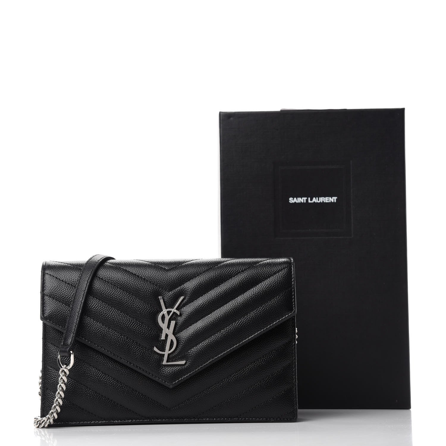 Saint Laurent Grain De Poudre Matelasse Chevron Monogram Envelope Chain Wallet Black 12 of 12