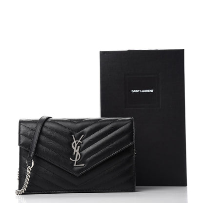 Saint Laurent Grain De Poudre Matelasse Chevron Monogram Envelope Chain Wallet Black 12 of 12
