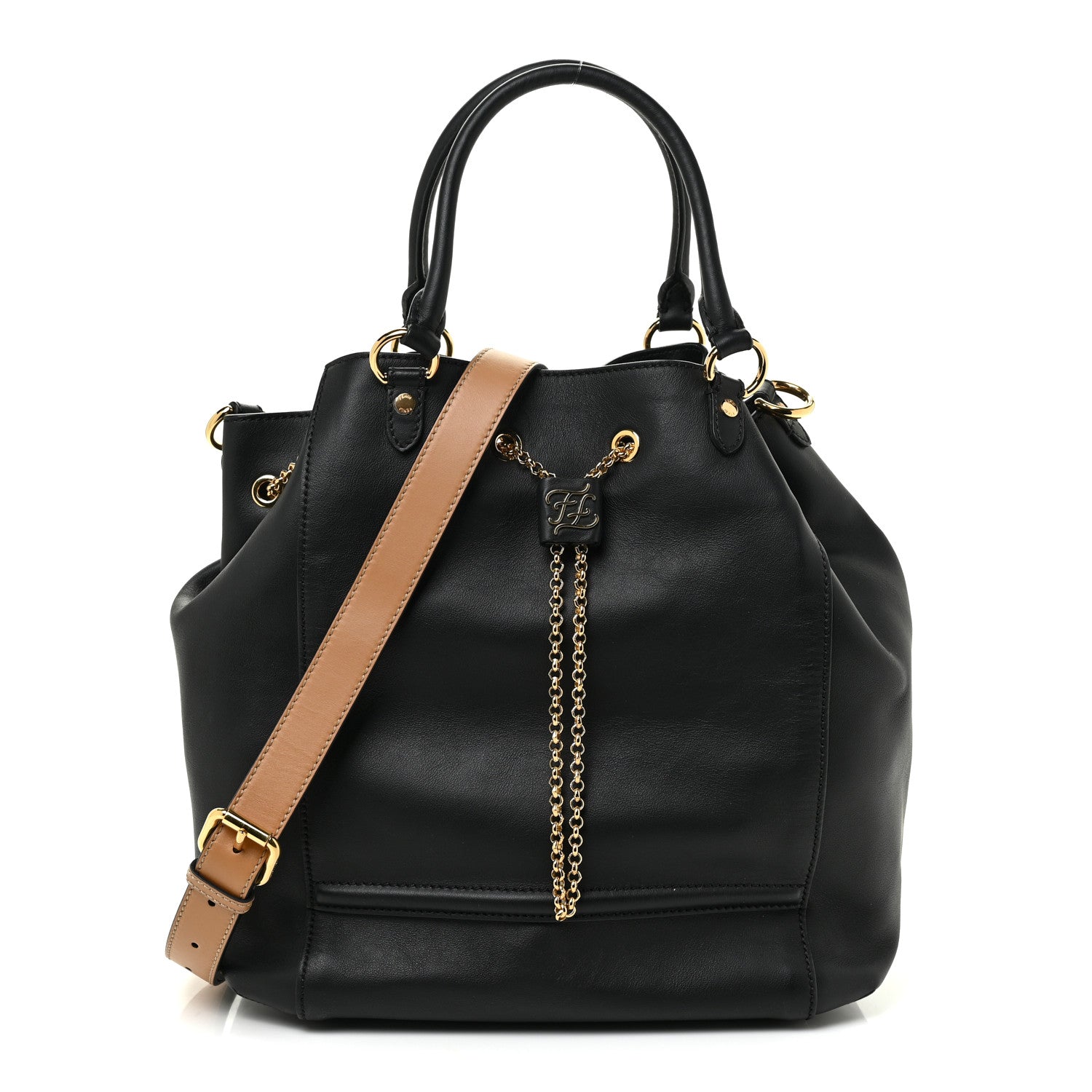 Fendi Vitello Grace King Karligraphy Chain Bucket Bag Black Bisquit 1 of 12
