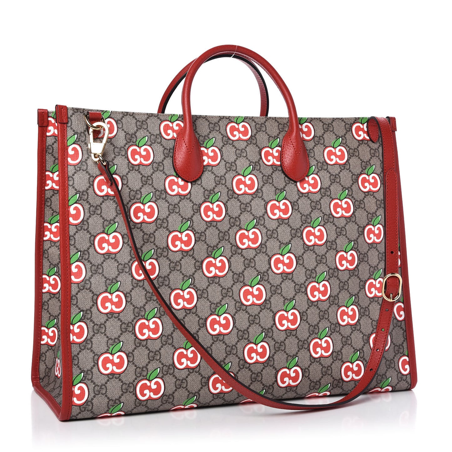 GG Supreme Monogram Apple Dollar Calfskin Large Retro Interlocking G Tote Bag Beige Ebony Multicolor Lobster Red