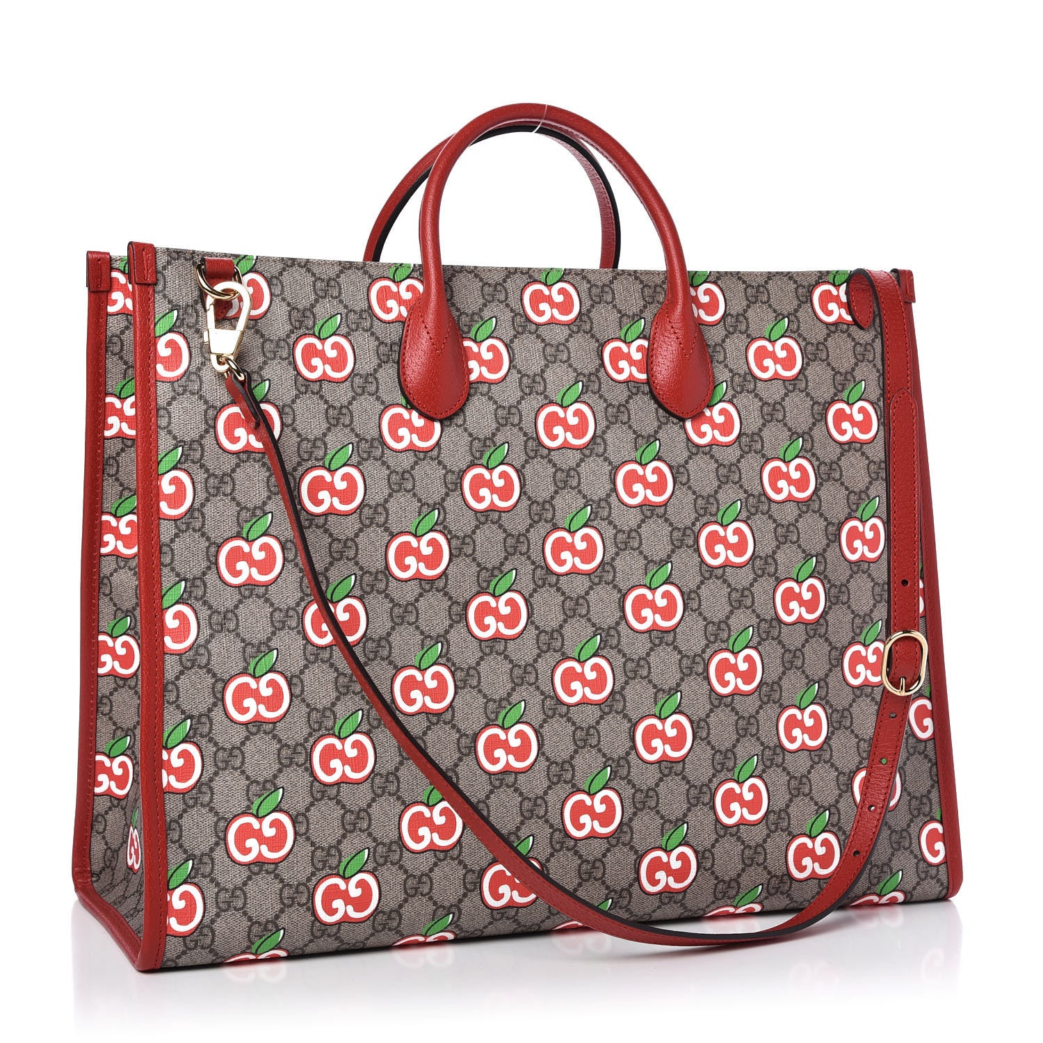 Gucci GG Supreme Monogram Apple Dollar Calfskin Large Retro Interlocking G Tote Bag Beige Ebony Multicolor Lobster Red 3 of 11