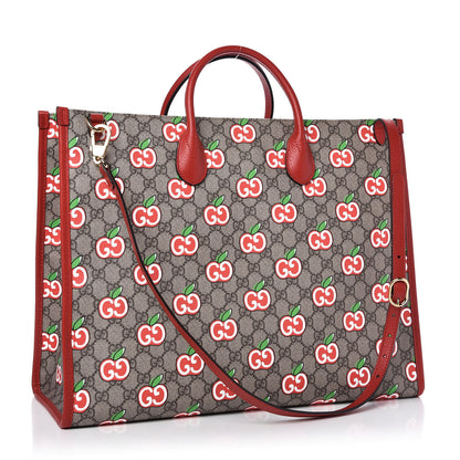 Gucci GG Supreme Monogram Apple Dollar Calfskin Large Retro Interlocking G Tote Bag Beige Ebony Multicolor Lobster Red 3 of 11