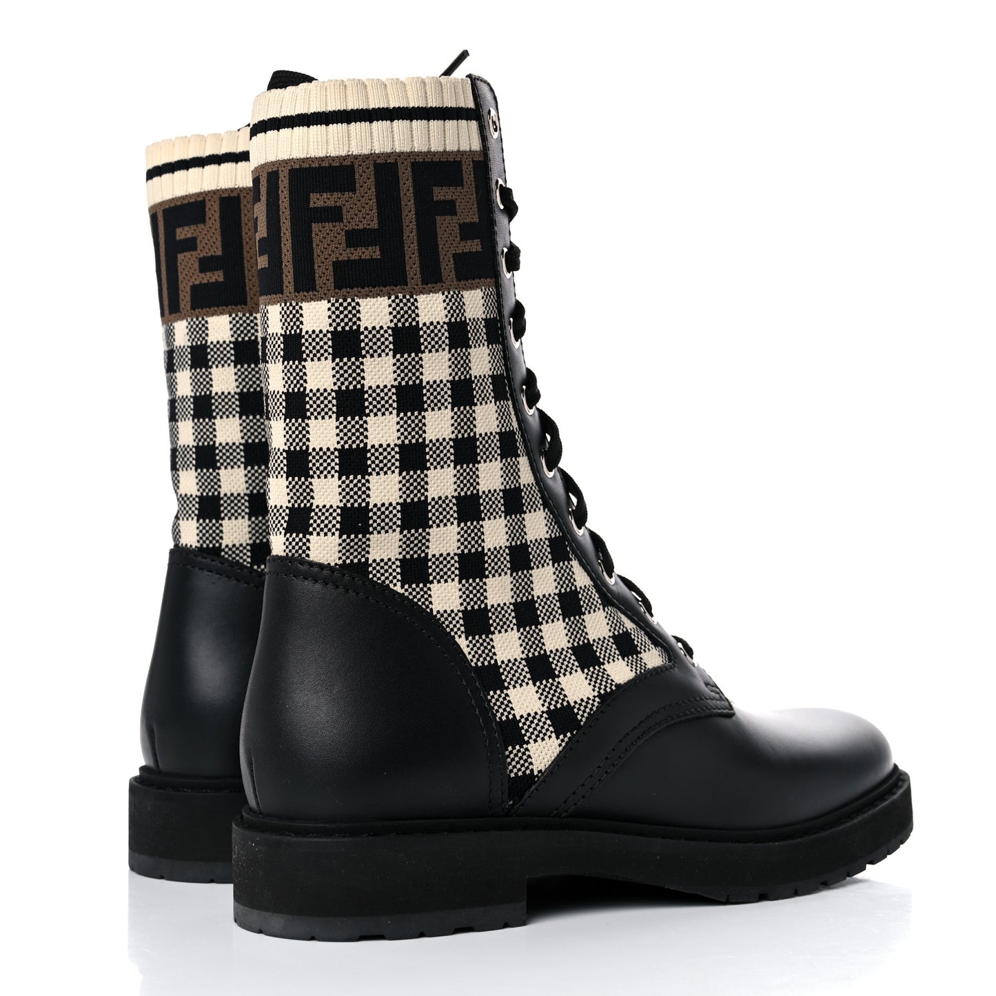 Vitello Stretch Fabric Vichy FF Rockoko Sock Combat Boots 38 Black Crema Tobacco