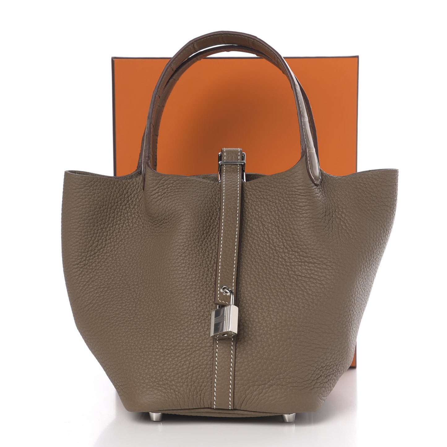 Taurillon Clemence Matte Alligator Picotin Lock Touch 18 PM Etoupe