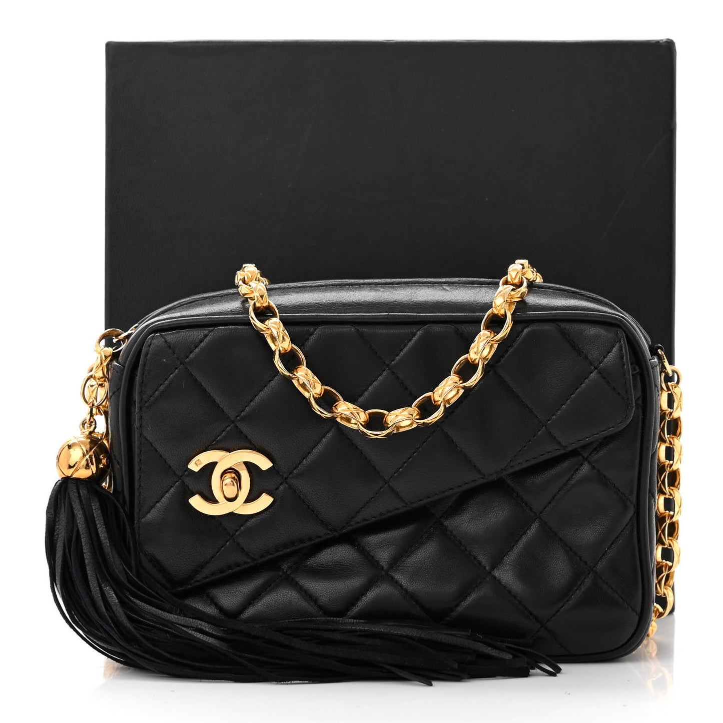 Lambskin Quilted Tassel Flap Camera Case Black