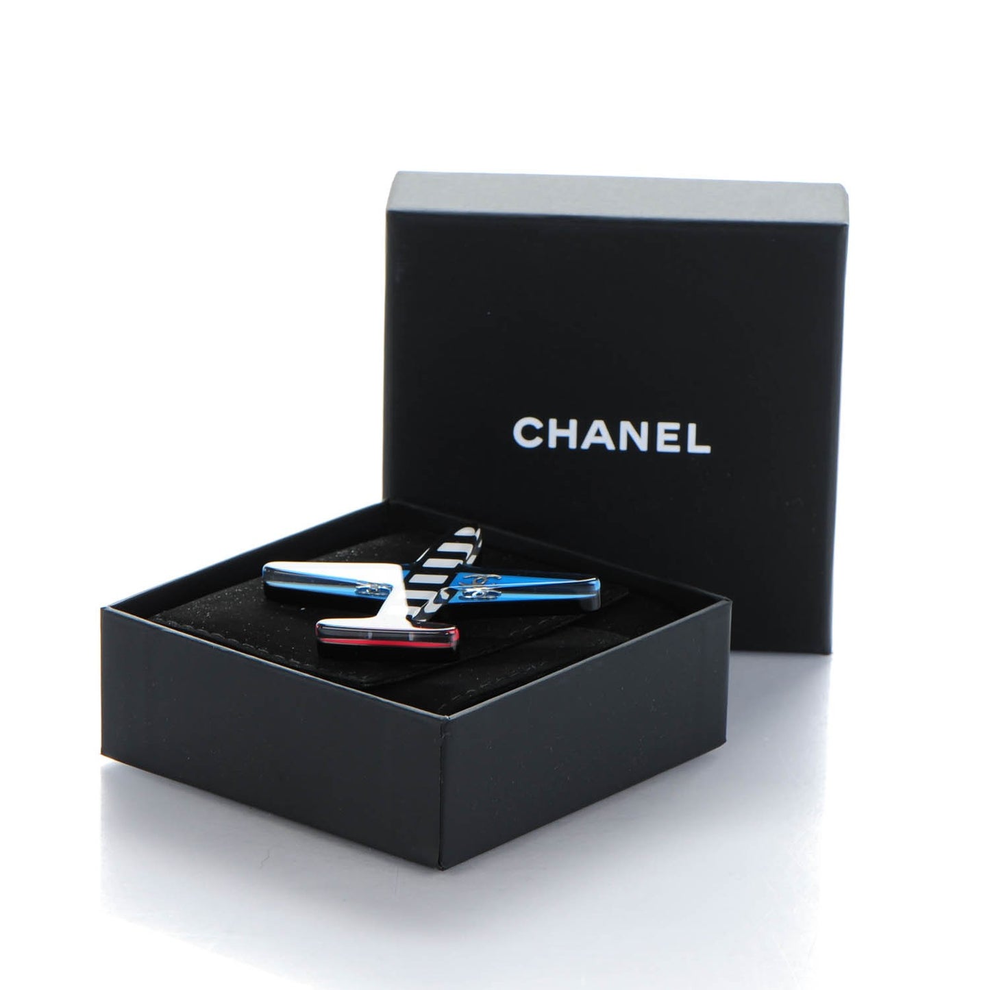 Resin Striped CC Airplane Brooch Blue Red